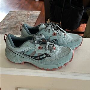 Saucony Seafoam Green and Coral Trail Sneakers